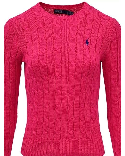 Polo Ralph Lauren Pink Cotton Cable-Knit Slim-Fit Crew-Neck Long-Sleeve Jumper