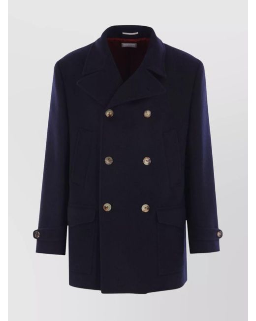 Brunello Cucinelli Blue Double-Breasted Wool Coat With Peak Lapels for men