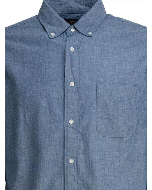 Beams Plus Blue Shirt Button Down Collar Long Sleeves Pocket for men