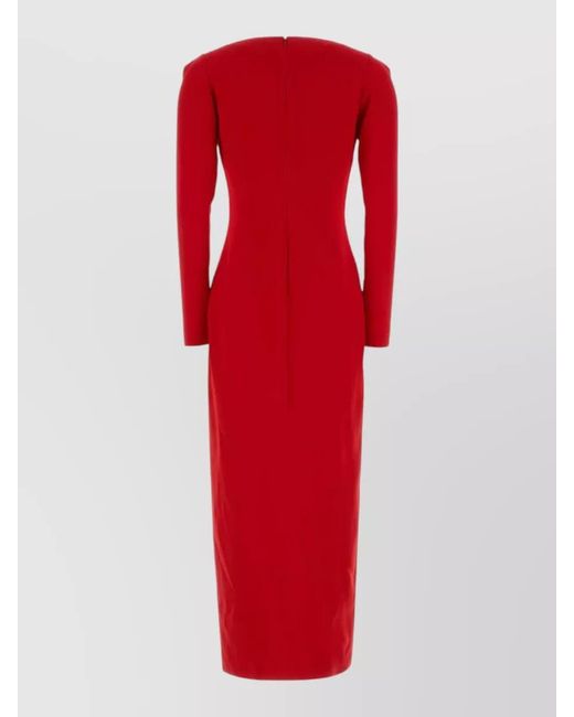 Alessandra Rich Red Cady Midi Dress Fitted V Neckline Long Sleeves