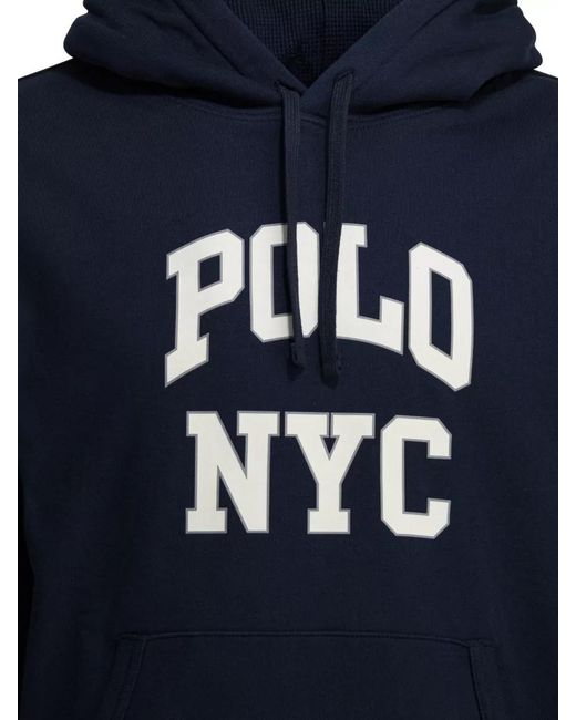 Polo Ralph Lauren Blue Hooded Logo Sweatshirt Kangaroo Pocket Ribbed Hem for men