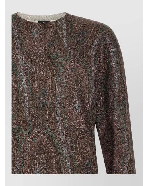 Etro Brown Paisley Crew Neck Sweater Long Sleeves for men