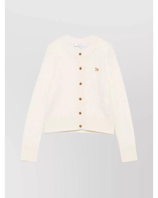 Maison Kitsuné Natural Wool Cardigan With Crew Neck And Long Sleeves