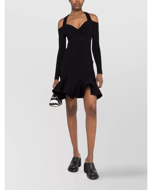 McQueen Black Ribbed-Knit Dress With Straps And Ruffles