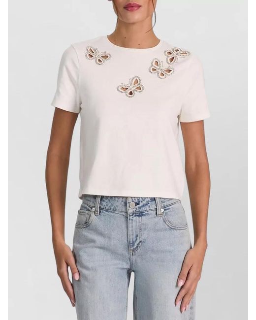 Alice + Olivia White Cindy Cropped Crystal Butterfly Cutout T-Shirt