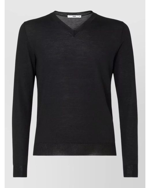 Fendi Black Wool V Neck Sweater Contrasting Stitching for men