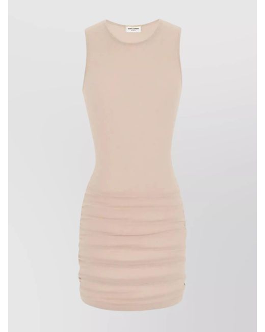 Saint Laurent Natural Ruched Sleeveless Mini Dress