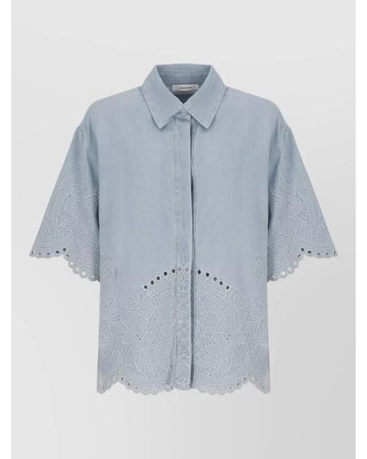 Zimmermann Blue Denim Embroidered Short-Sleeve Shirt