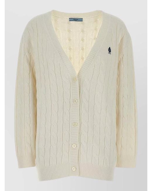 Prada Natural Cotton Cardigan Cable Knit V Neck