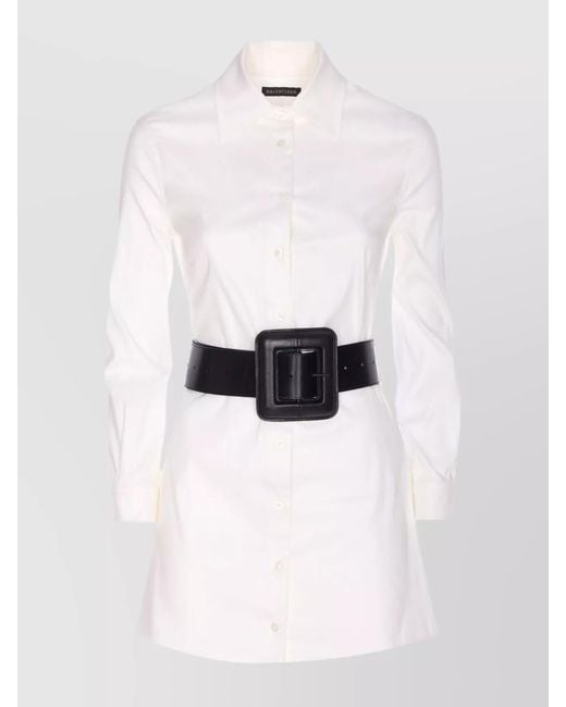 Balenciaga White Cotton Poplin Belted Long-Sleeve Shirt Mini Dress