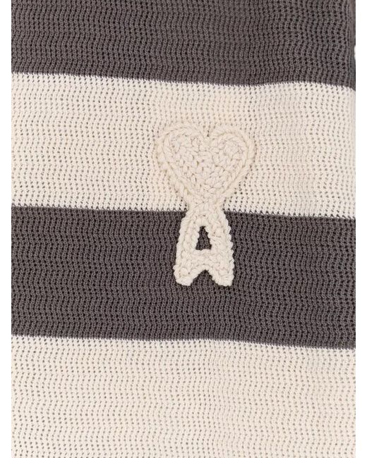 AMI Gray Ami De Coeur Striped Cotton Cardigan for men