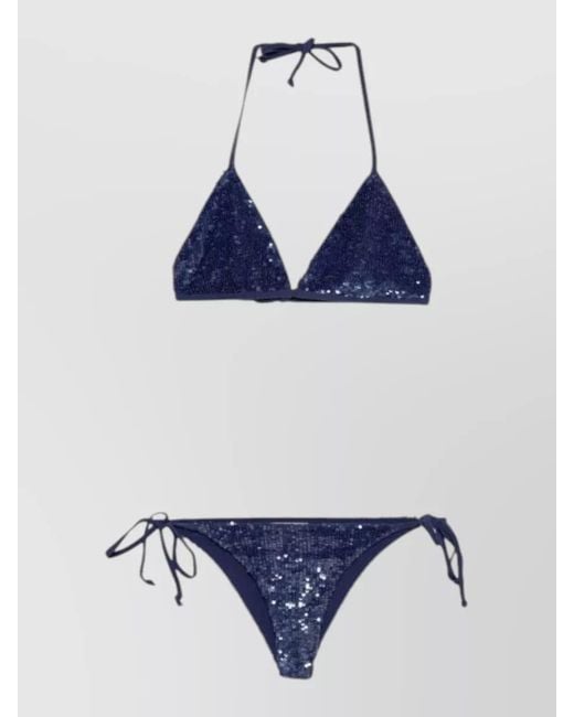 P.A.R.O.S.H. Blue Triangle Halter Bikini Sequin Low Rise Set