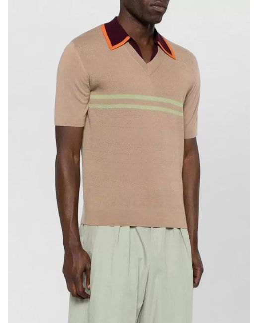 Dries Van Noten Natural V Neck Merino Wool Striped Polo Collar for men