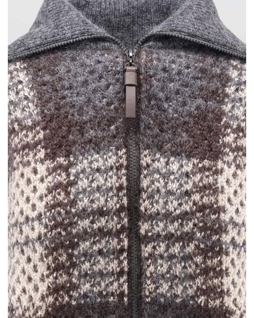 Brunello Cucinelli Gray Mohair Blend Checked Zip Cardigan