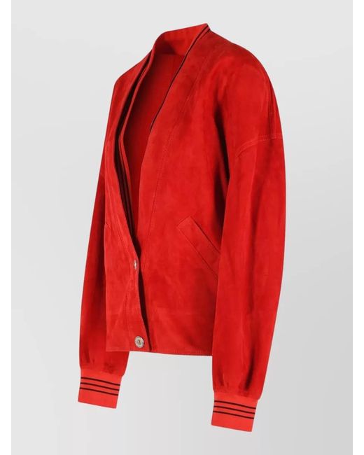 Versace Red Suede Bomber Jacket Ribbed Collar Cuffs