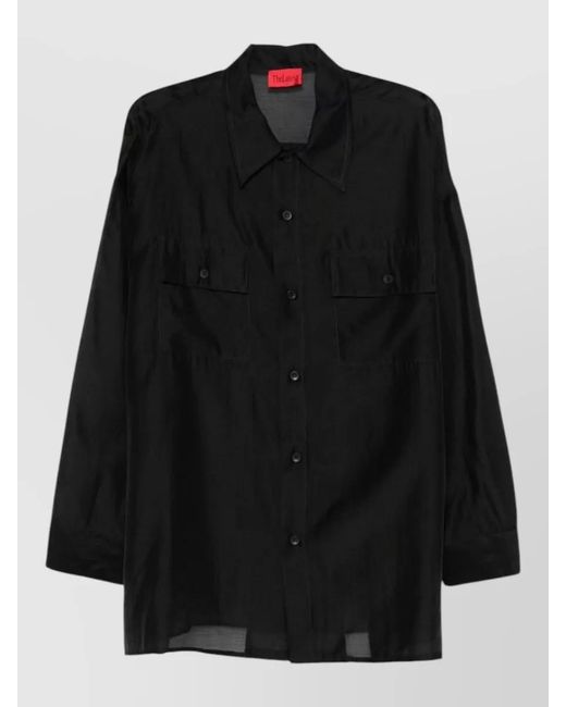 Thelatest Black Long Sleeve Shirt Chest Pockets Sheer