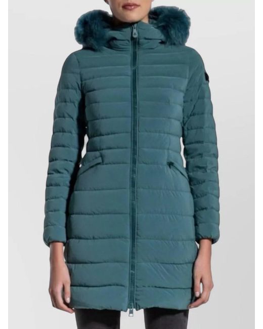 Peuterey Green Hooded Long Coat Fur Trim Quilted Pockets