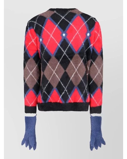 Charles Jeffrey Red Argyle Crew Neck Top Long Sleeves