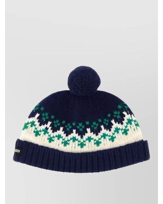 Miu Miu Blue Wool Beanie Hat Knit Pattern Tassel