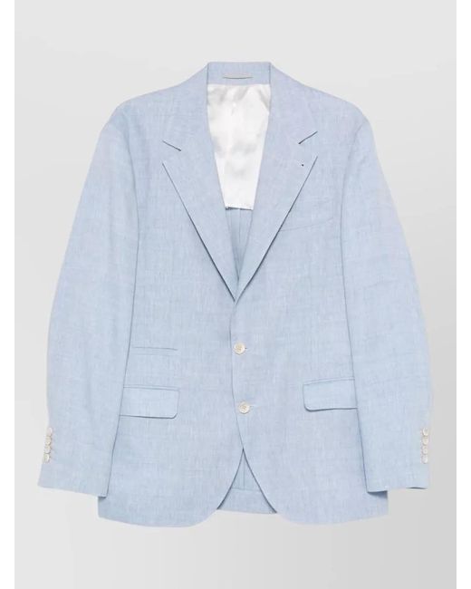 Brunello Cucinelli Blue Linen And Virgin Wool Single-Breasted Blazer for men