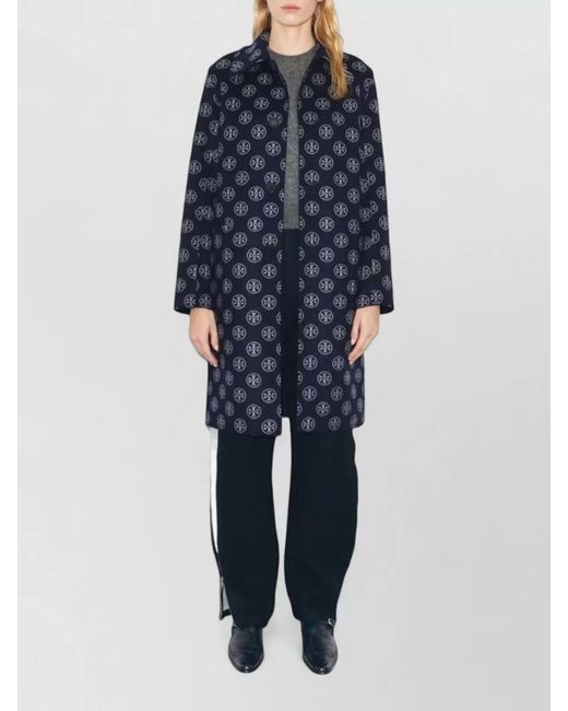 Tory Burch Blue Long Reversible Wool Coat Collared Neck