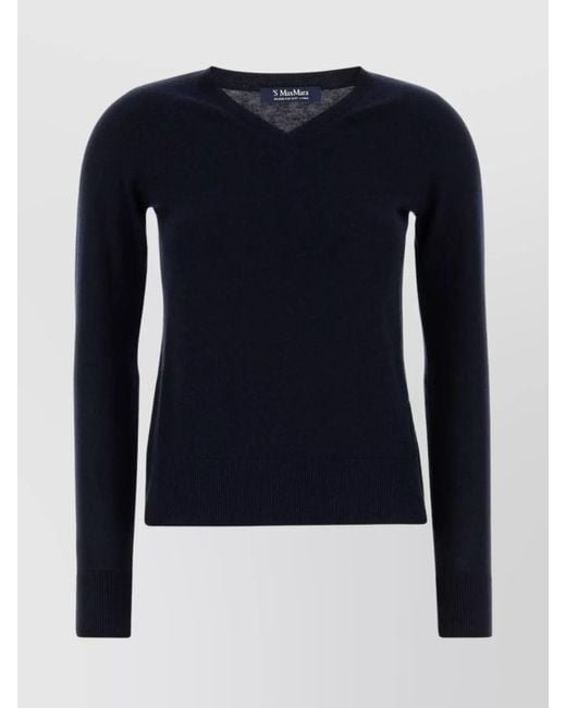 Max Mara Blue Wool V-Neck Long-Sleeve Sweater