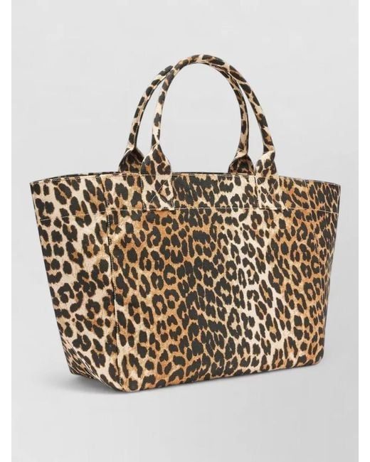 Ganni Metallic Medium Recycled Cotton Leopard-Print Tote Bag