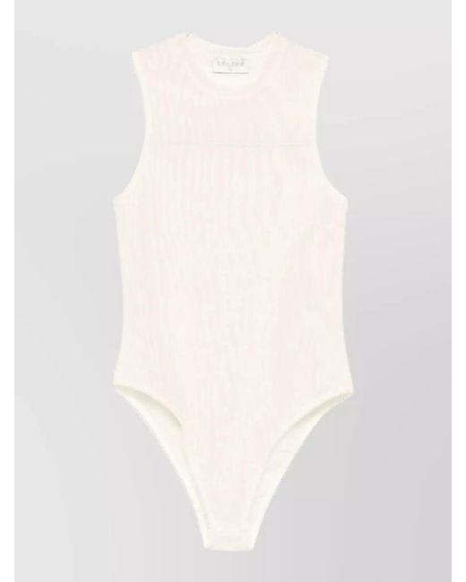 Forte_forte White Tulle Bodysuit Ribbed Texture Round Neckline
