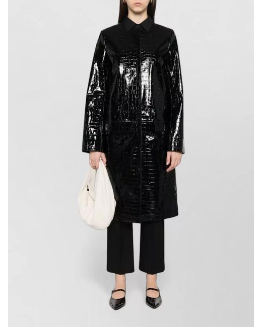 Totême Black Long Leather Jacket Textured Shiny Design