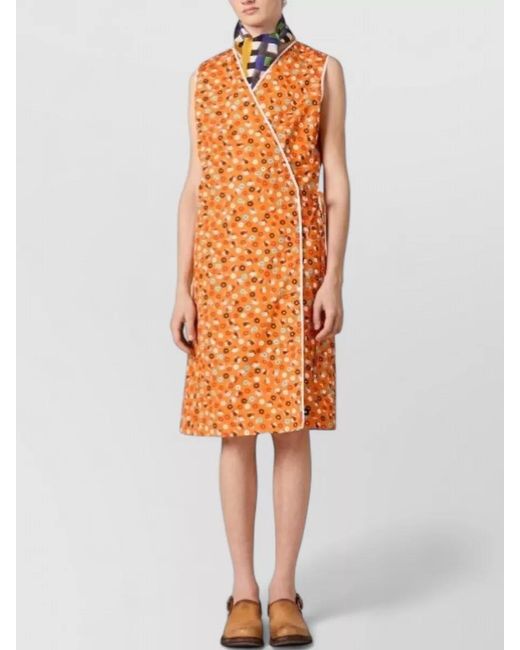 Miu Miu Orange Wrap Dress Knee Length Floral V Neckline Sleeveless