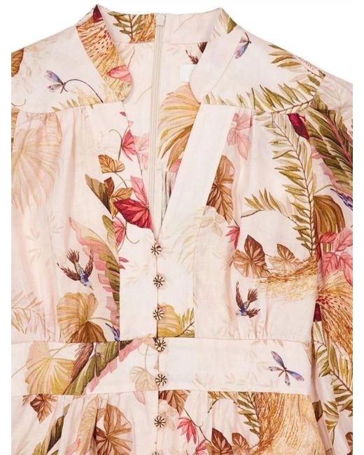 Zimmermann Natural Linen Floral-Print V-Neck Long-Sleeve Midi Dress