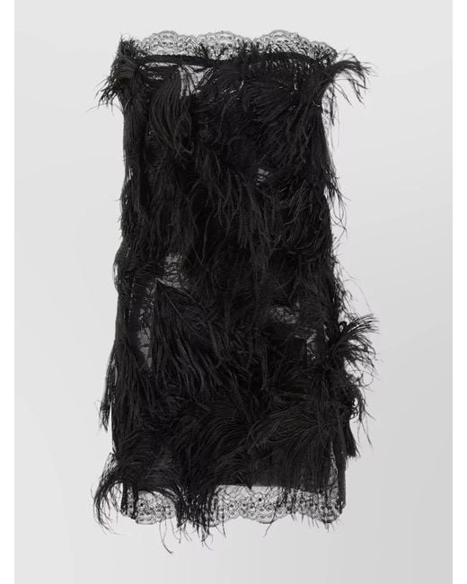 The Attico Black Strapless Lace Feather Bodycon Dress
