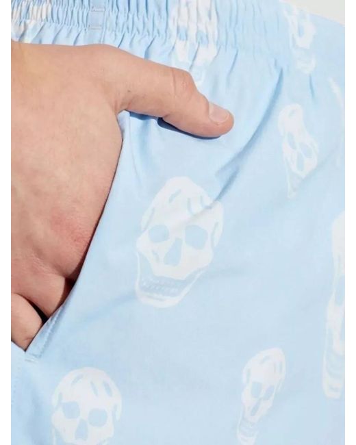 McQueen Blue Skull Swim Shorts Side Pockets Design for men