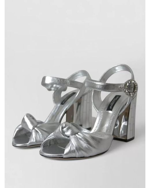 Dolce & Gabbana Gray Leather Crystal-Embellished Knotted Ankle-Strap Sandals