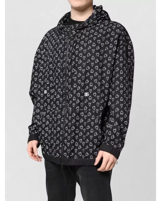 Dolce & Gabbana Gray Heart Print Hooded Windbreaker Jacket for men
