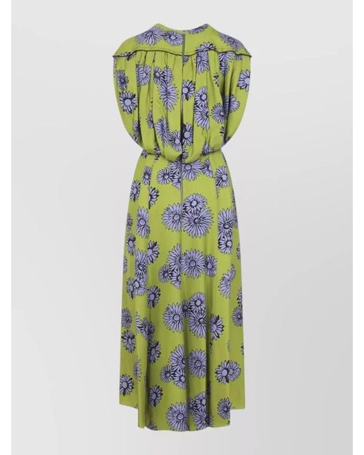 Lanvin Green Silk Printed Draped Asymmetric Sleeveless Midi Dress