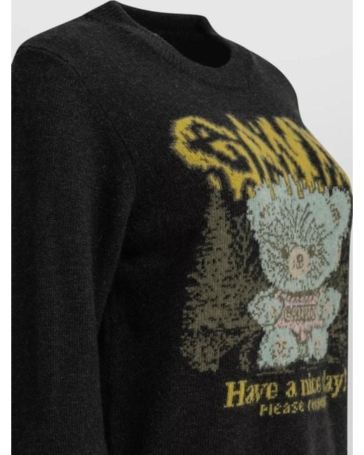 Ganni Black Teddy Crew Neck Sweater Graphic Design