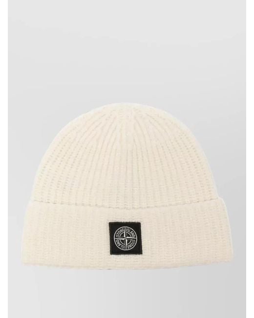 Stone Island Natural Ribbed Beanie Folded Cuff Knit Hat for men