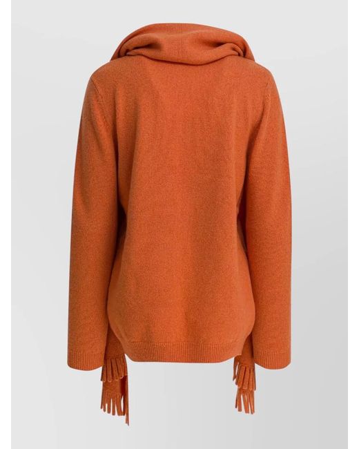 Sandbeige Orange Hooded Knit Top Attached Scarf Fringe