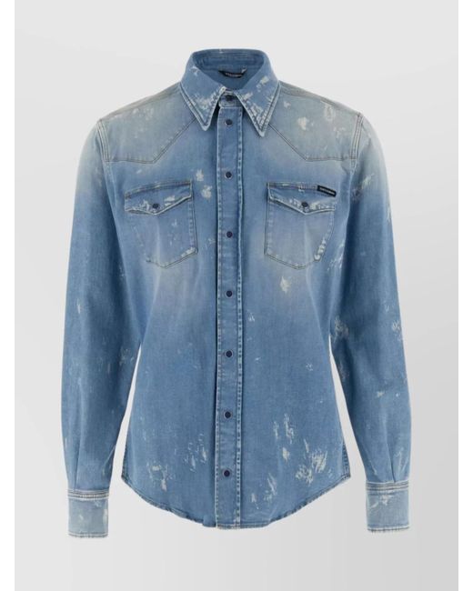 Dolce & Gabbana Blue Denim Shirt With Stretch And Distressed Effect for men