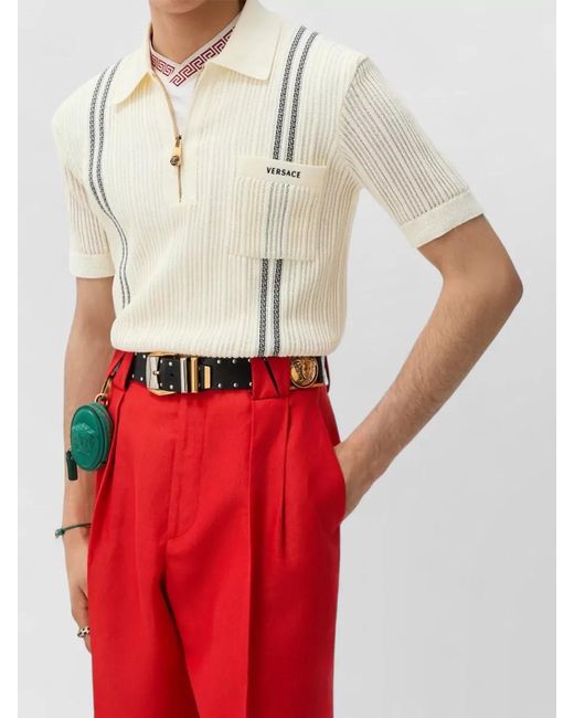 Versace Natural Cotton Jacquard Knit Polo Shirt Logo for men