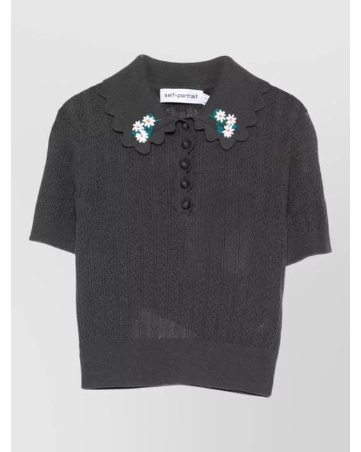 Self-Portrait Black Floral Appliqué Knit Polo Shirt Collar