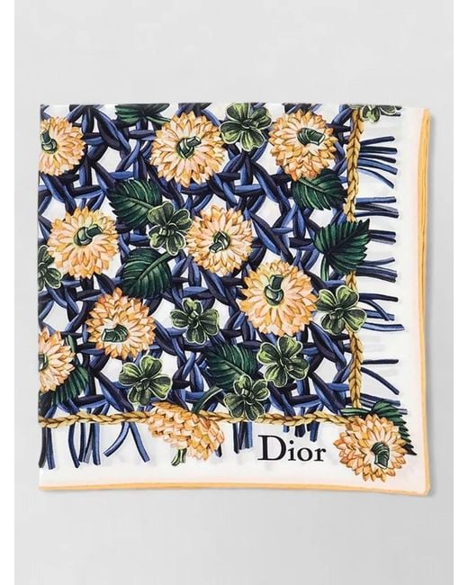 Dior Blue Hair Scarf Floral Pattern Fringed Edges