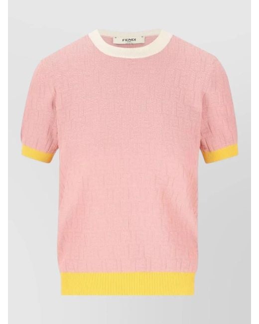 Fendi Pink Silk Blend Ribbed Short-Sleeve Crewneck Knitted Top