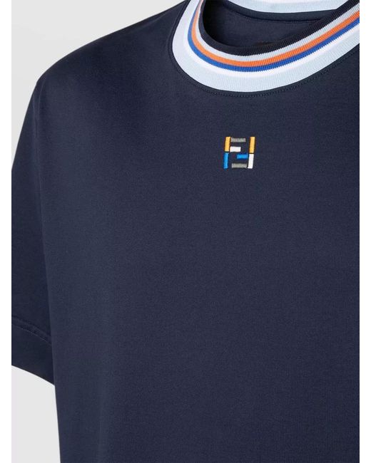 Fendi Blue Cotton Regular-Fit Short-Sleeve Crew-Neck T-Shirt for men