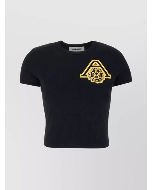 Ambush Blue Cotton Ribbed-Crew-Neck Cropped T-Shirt
