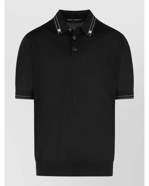 Dolce & Gabbana Black Silk Polo Shirt Contrast Stitching Ribbed Cuffs for men