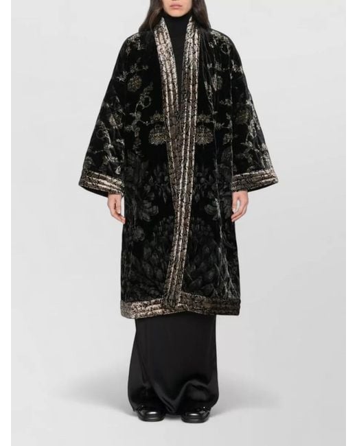 Pierre Louis Mascia Black Long Coat Contrast Trim Embroidered Floral Maxi