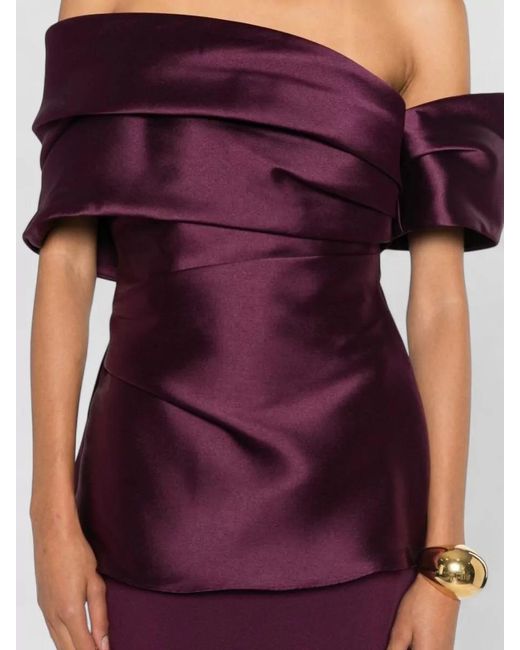 Solace London Purple Lucine Satin Maxi Dress Off Shoulder