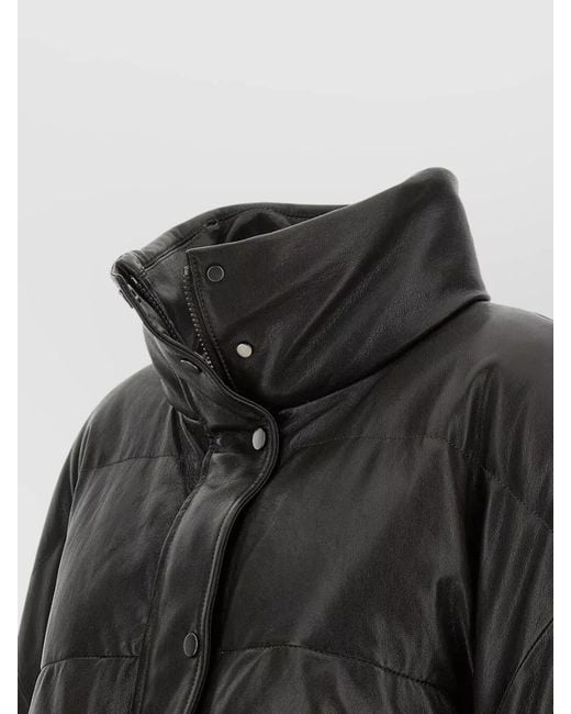 Brunello Cucinelli Black Padded Leather Jacket High Collar Sleeves
